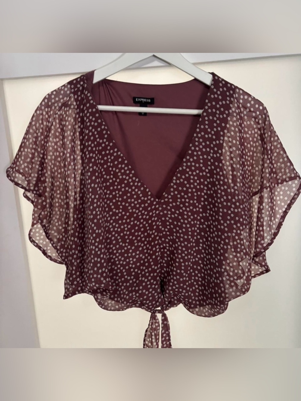 Express Polka Dot Tie Front Blouse Sheer Sleeve Top Size M